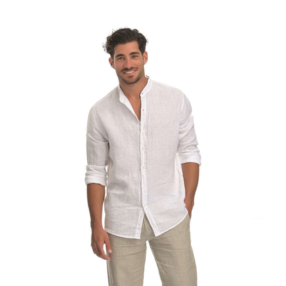 John P. Greece 100% Linen White Button Up Shirt Size Small